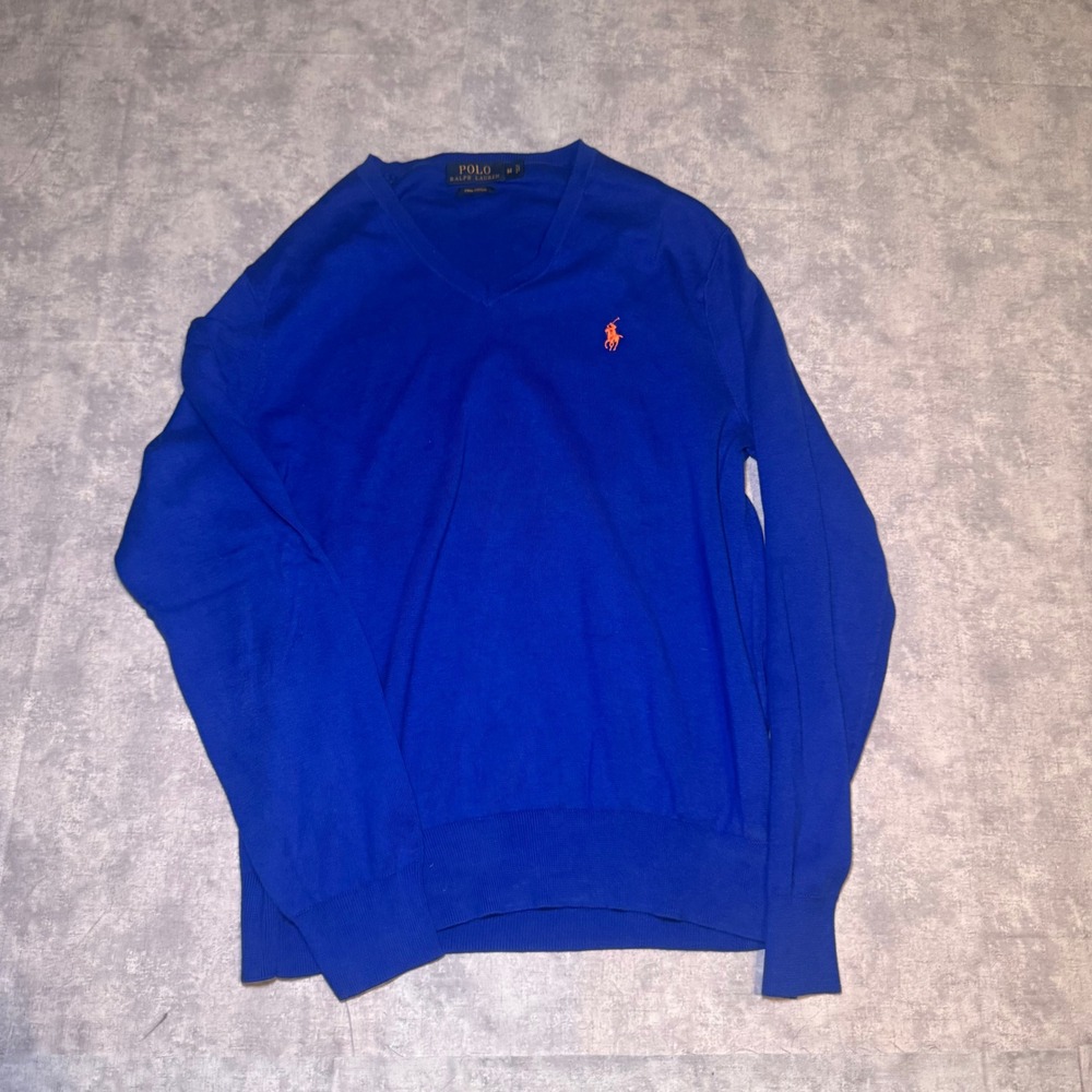 Polo Ralph Lauren Pima Cotton V-Neck Sweater Royal Blue Orange Pony Mens Medium